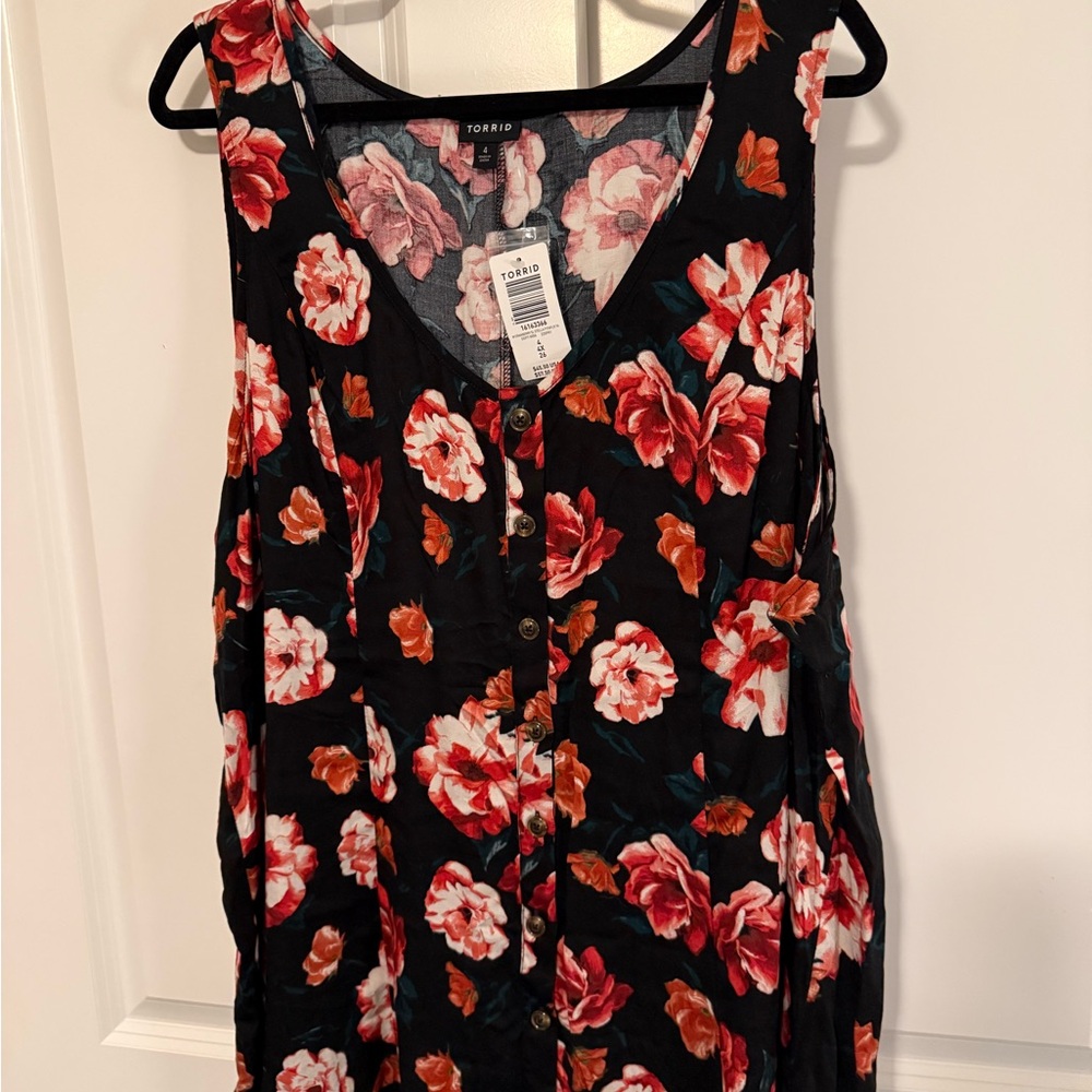 Torrid Black Top with Red and Pink Floral Design